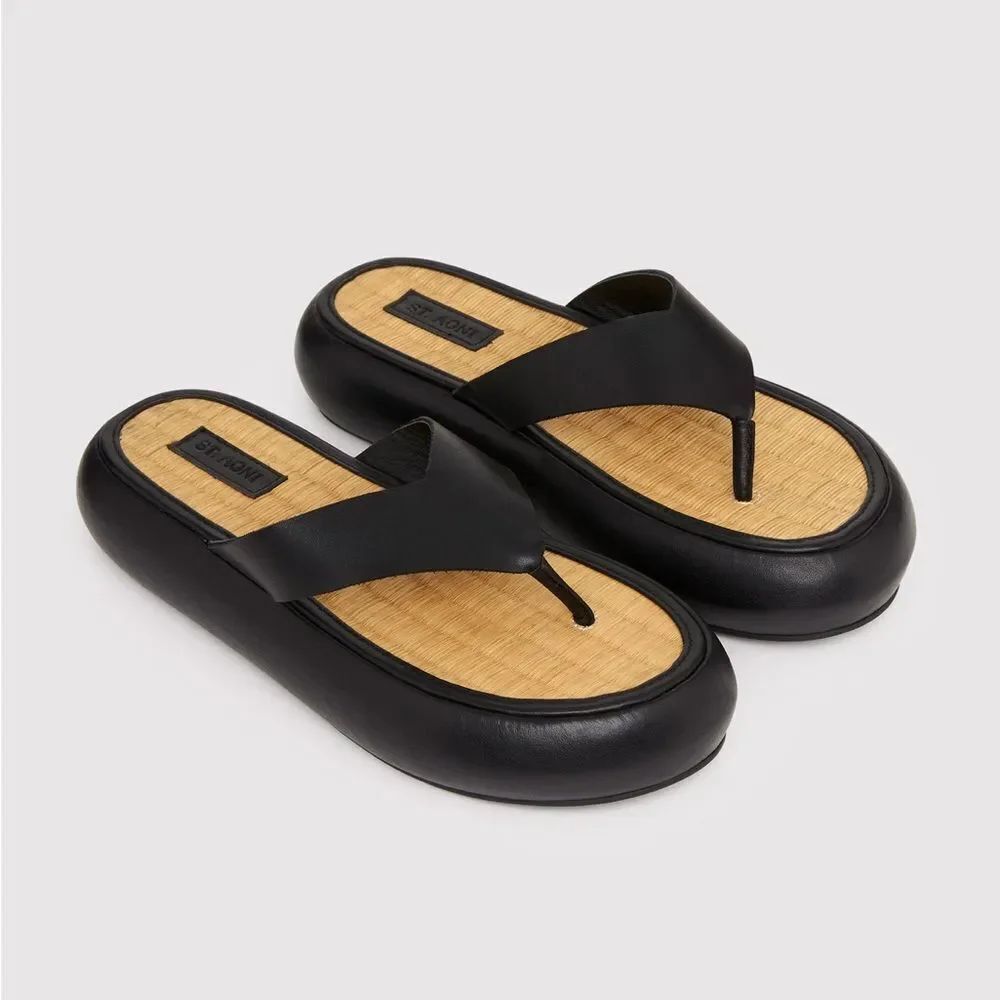 St. Agni Tatami Black Leather Raffia Platform Sandals